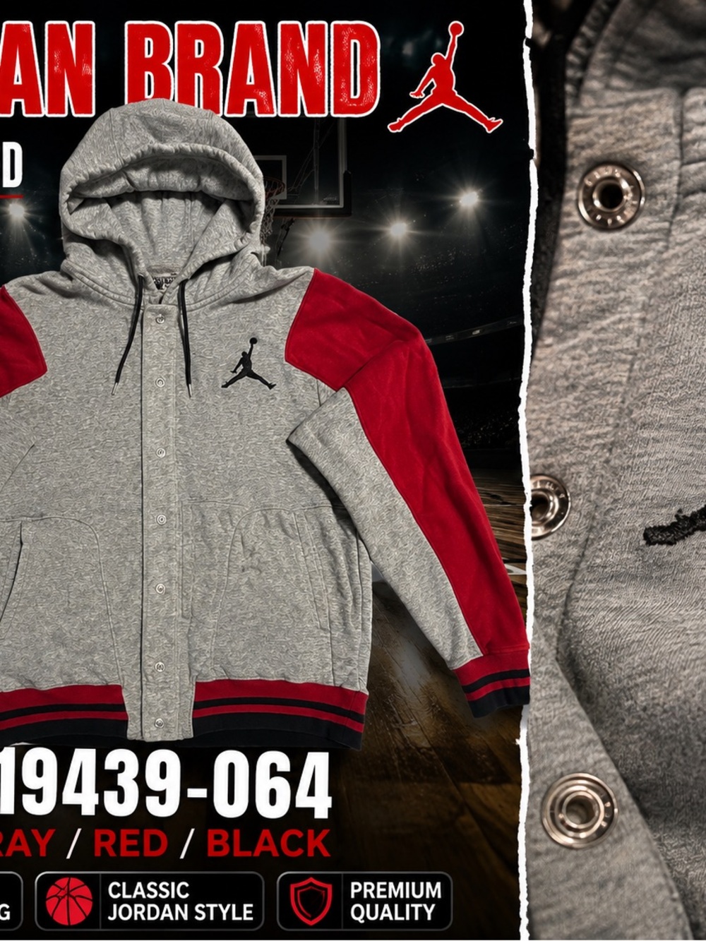 Jordan Gray & Red Hooded Puffer Jacket with Black Logo